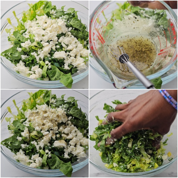 the step by step process of making greek lettuce salad.