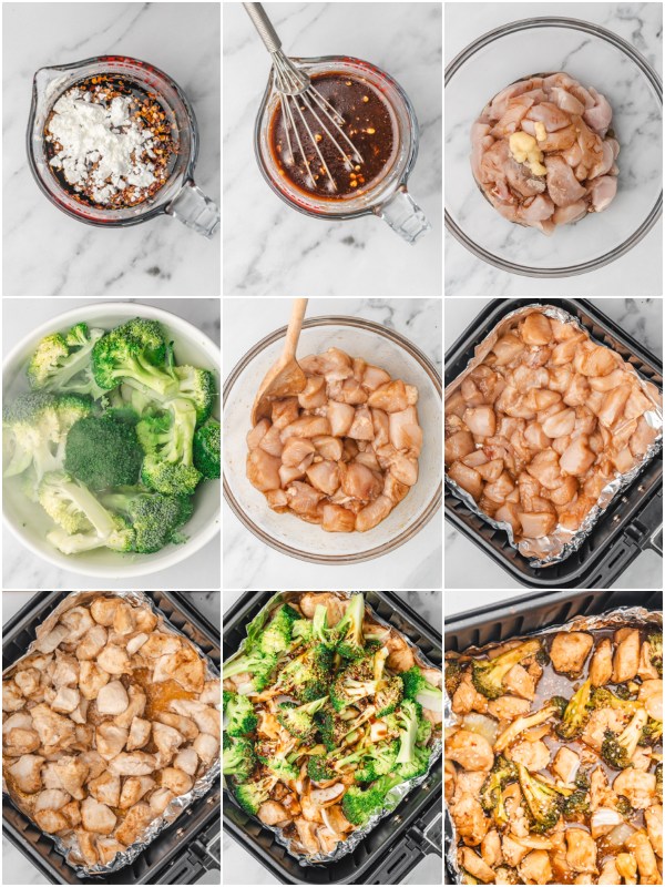 the process shots of making chicken and broccoli stir fry in the air fryer
