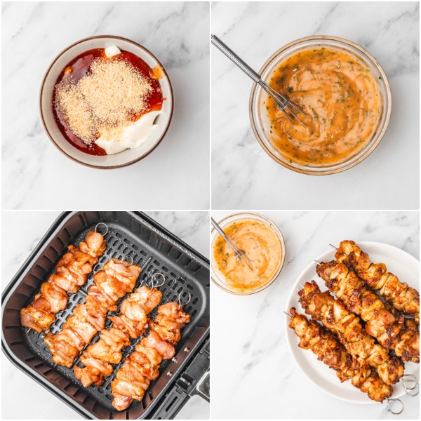 the step by step of making chicken skewers in the air fryer.