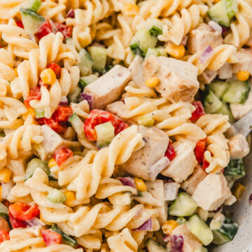chicken ranch pasta salad in a big serving bowl.